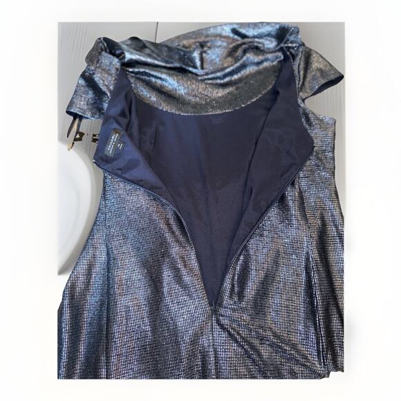 Tahari Draped Cowl Neck Metallic Blue/black Cocktail Dress Woman's Size 14 - Picture 5 of 10